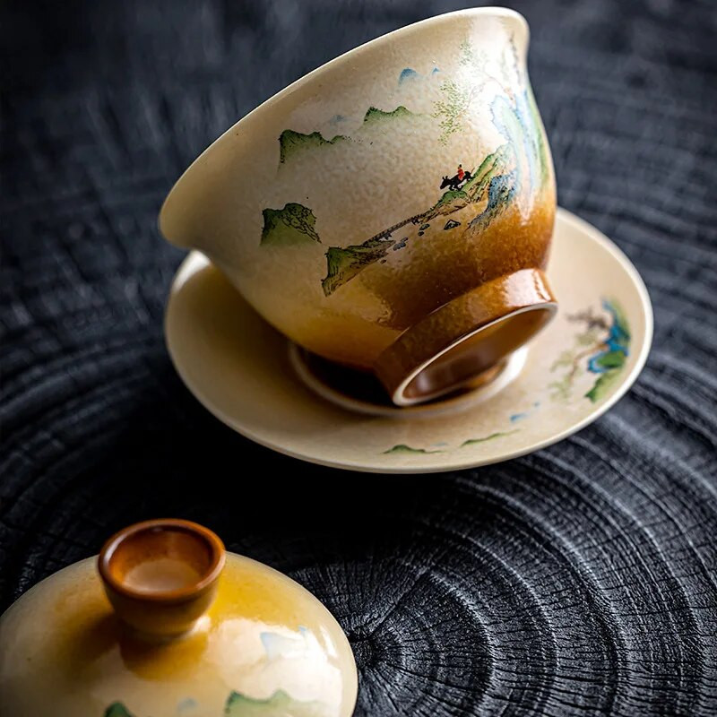 Keramički set za čaj Čaša s mjehurićima Kung Fu Poklopac Zdjela Ljubičasta Gaiwan Ručno oslikana pejzažna slika u kineskom stilu Gaiwan juha Bar od juhe