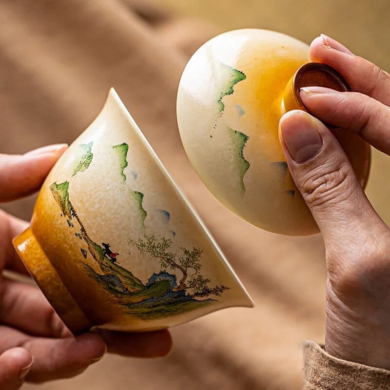 Keramički set za čaj Čaša s mjehurićima Kung Fu Poklopac Zdjela Ljubičasta Gaiwan Ručno oslikana pejzažna slika u kineskom stilu Gaiwan juha Bar od juhe