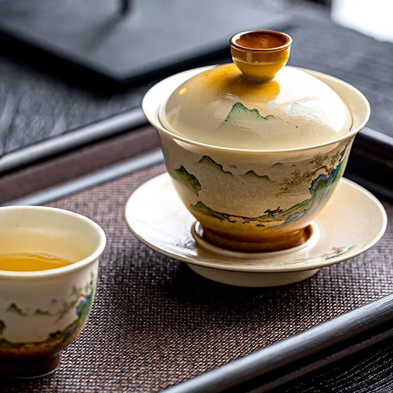 Keramički set za čaj Čaša s mjehurićima Kung Fu Poklopac Zdjela Ljubičasta Gaiwan Ručno oslikana pejzažna slika u kineskom stilu Gaiwan juha Bar od juhe