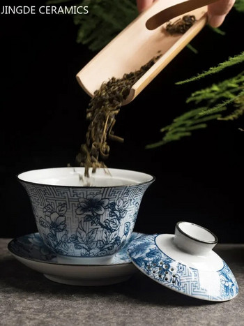 160 ml традиционен синьо-бял порцелан Gaiwan Jingdezhen Керамична купа за чай Чаша за чай с голям капацитет Домакинска чаша за чай