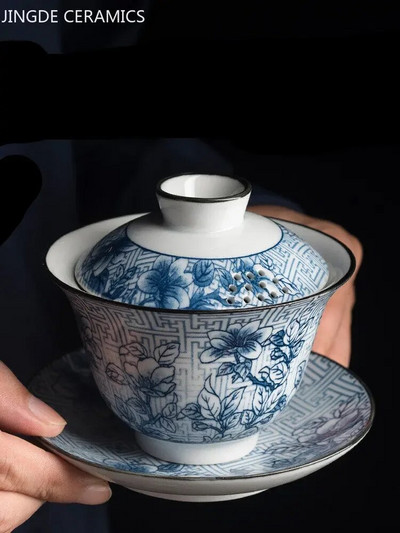 160 ml-es hagyományos kék-fehér porcelán Gaiwan Jingdezhen kerámia teástálka nagy kapacitású teainfuser háztartási teáscsésze