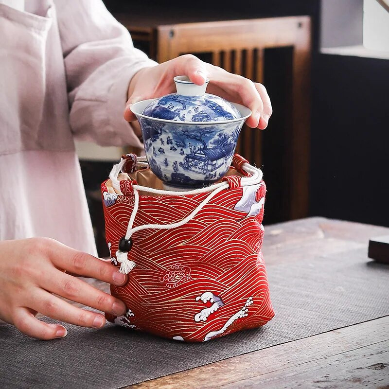 Pamut teáscsésze tárolótáska, antik karkötők, ékszervédő borítás, japán ebédajándék, teaedény, utazás, többszöri felhasználás