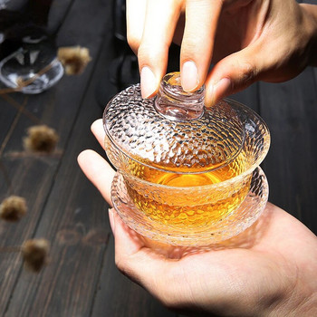 Прозрачна стъклена купа с капак Чаша за чай Kung Fu Комплект за чай Супница Gaiwan Японски Gai Wan Купа с капак Lotus Ръчна рисунка Чаши Puer Чаши