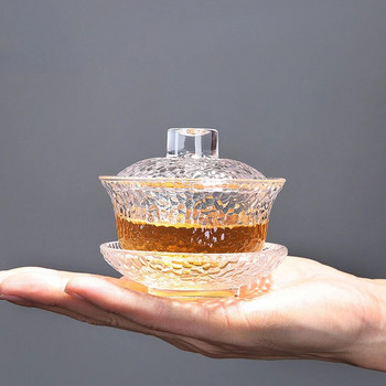 Прозрачна стъклена купа с капак Чаша за чай Kung Fu Комплект за чай Супница Gaiwan Японски Gai Wan Купа с капак Lotus Ръчна рисунка Чаши Puer Чаши