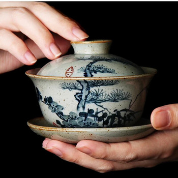 120ml Ζωγραφισμένο στο χέρι Gaiwan For Tea Plum Pottery Tureen με καπάκι Teaware Σετ τσαγιού Pine Kung Fu Κινέζικα μπολ τσαγιού μπαμπού Chawan