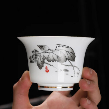 Ζωγραφισμένος στο χέρι Γερανός Λευκή πορσελάνη Gaiwan Κινέζικο σετ τσαγιού Τελετή τσαγιού Σούπα Σούπα Tureen με Καπάκι Σχέδιο Lotus Hand Drawing Gai Wan