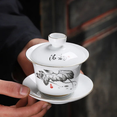 Ръчно рисуван жерав Бял порцелан Gaiwan Китайска чаена церемония Сервиз за чай Супа Супница Супа с капак Купа Лотос Ръчна рисунка Gai Wan