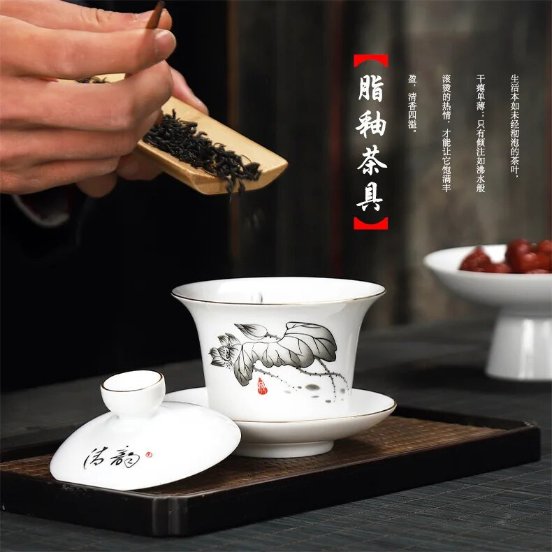 Ručno oslikani ždral, bijeli porculan Gaiwan, kineska čajna ceremonija, set za čaj, juha, supa, juha s poklopcem, zdjela, ručni crtež lotosa, Gai Wan