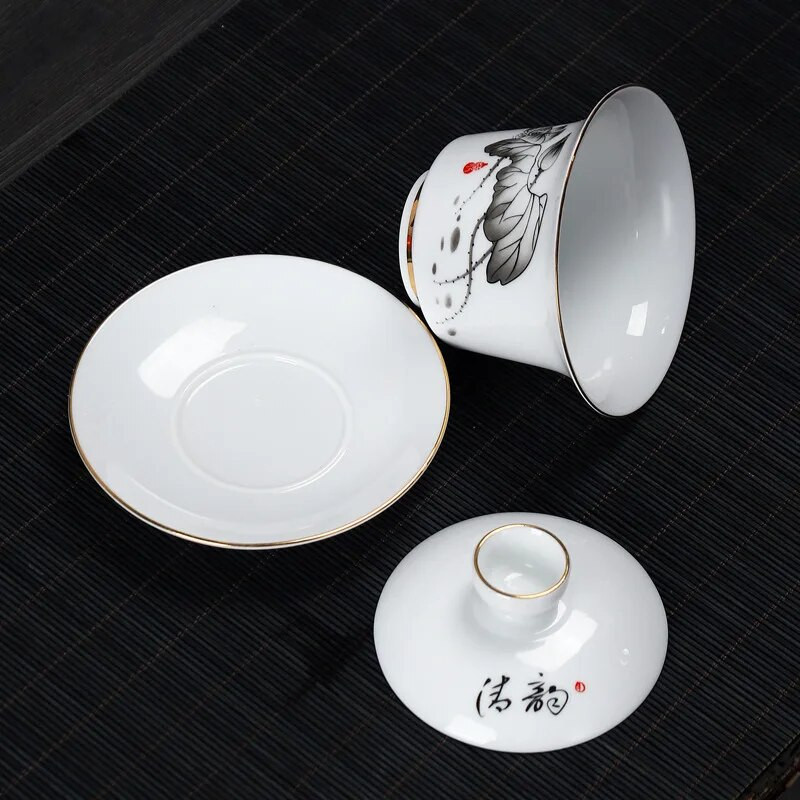 Ručno oslikani ždral, bijeli porculan Gaiwan, kineska čajna ceremonija, set za čaj, juha, supa, juha s poklopcem, zdjela, ručni crtež lotosa, Gai Wan