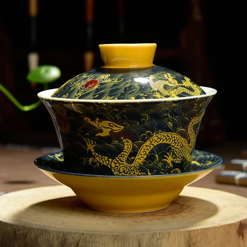 Retro Dragon arbatos virimo aparatas Kinijos Gaiwan arbatos puodelis 200 ml Tureen Jingdezhen baltos ir mėlynos spalvos porcelianiniai arbatos puodeliai ir lėkštučių rinkiniai