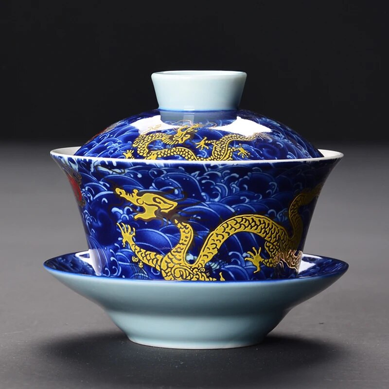 Retro Dragon arbatos virimo aparatas Kinijos Gaiwan arbatos puodelis 200 ml Tureen Jingdezhen baltos ir mėlynos spalvos porcelianiniai arbatos puodeliai ir lėkštučių rinkiniai