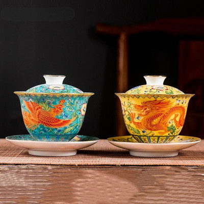Kerámia Sancai Gaiwan Bowl Dragon és Phoenix Master Cup teáscsésze kézzel készített zománcozott színes teástál csúcsminőségű Respect teáskészlet