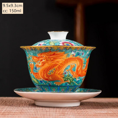 Keramika Sancai Gaiwan Bowl Dragon and Phoenix Master Cup arbatos puodelis Rankų darbo emalio spalvos arbatos dubuo Aukščiausios klasės pagarbos arbatos rinkinys
