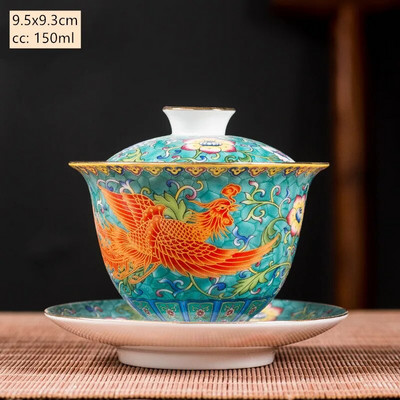Keramika Sancai Gaiwan Bowl Dragon and Phoenix Master Cup arbatos puodelis Rankų darbo emalio spalvos arbatos dubuo Aukščiausios klasės pagarbos arbatos rinkinys