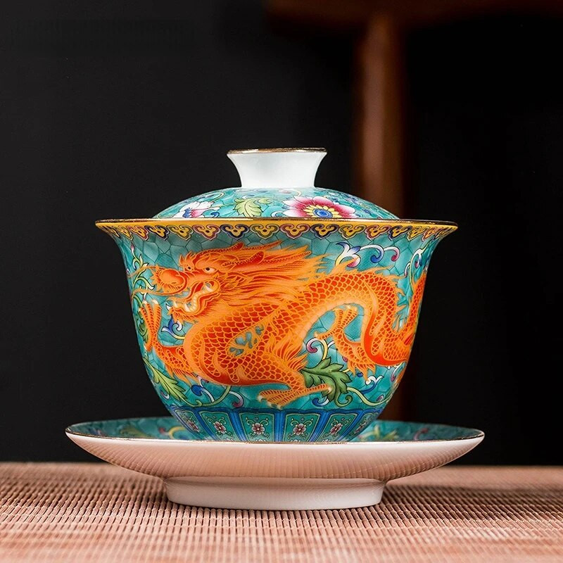 Keramika Sancai Gaiwan Bowl Dragon and Phoenix Master Cup arbatos puodelis Rankų darbo emalio spalvos arbatos dubuo Aukščiausios klasės pagarbos arbatos rinkinys