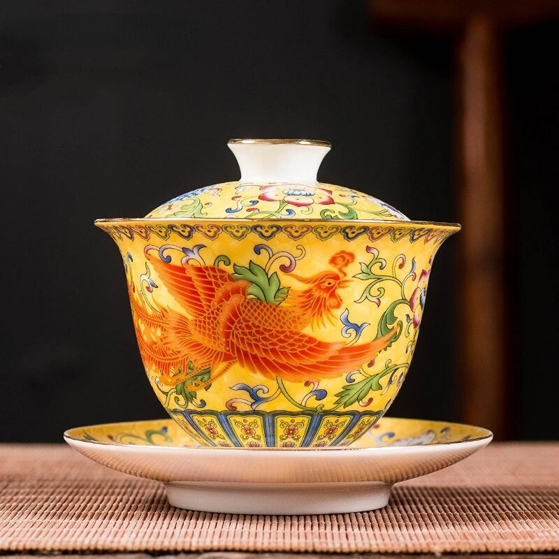 Keramika Sancai Gaiwan Bowl Dragon and Phoenix Master Cup arbatos puodelis Rankų darbo emalio spalvos arbatos dubuo Aukščiausios klasės pagarbos arbatos rinkinys