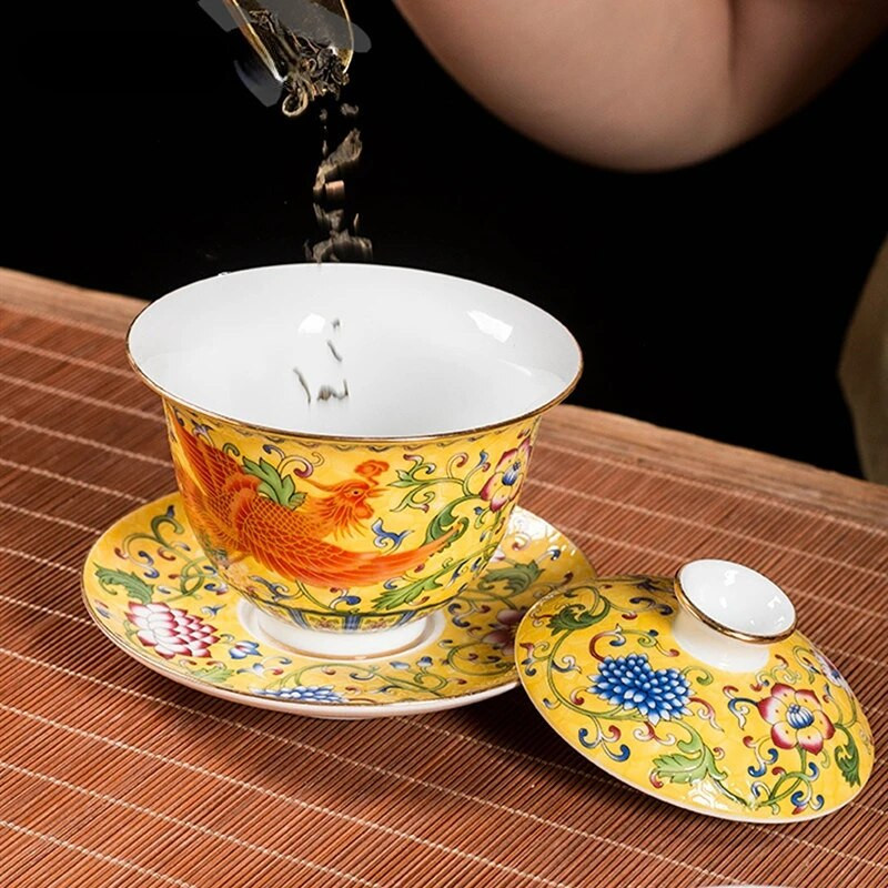 Keramika Sancai Gaiwan Bowl Dragon and Phoenix Master Cup arbatos puodelis Rankų darbo emalio spalvos arbatos dubuo Aukščiausios klasės pagarbos arbatos rinkinys