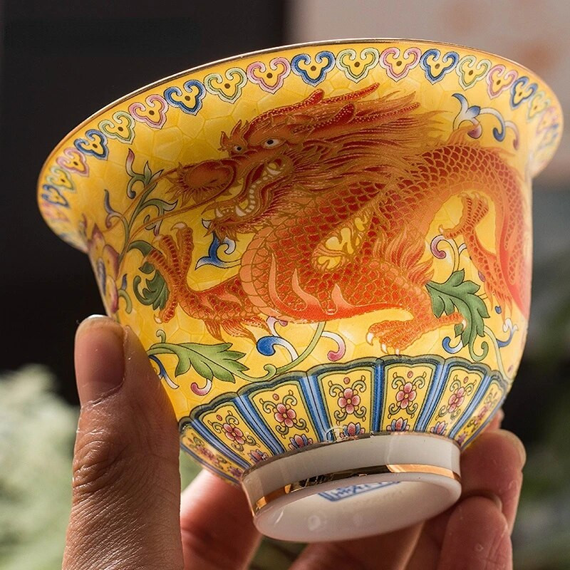 Keramika Sancai Gaiwan Bowl Dragon and Phoenix Master Cup arbatos puodelis Rankų darbo emalio spalvos arbatos dubuo Aukščiausios klasės pagarbos arbatos rinkinys