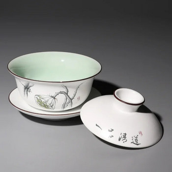 Матово бял керамичен гайван, чаша за чай, китайски кунг-фу сервиз за чай, порцеланова чаша за чай, купа, супник с чинийка, елегантен сервиз за чай