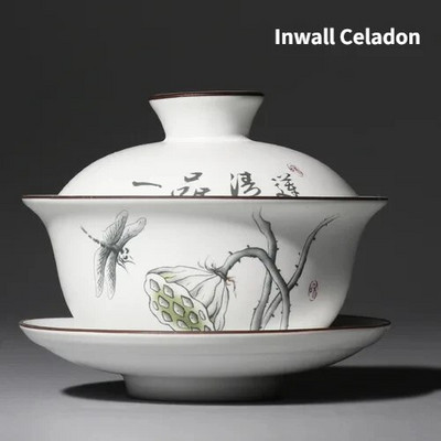 Matinė balta keramika Gaiwan, arbatos puodelis, kiniškas Kung Fu arbatos rinkinys porcelianinis arbatos puodelis, dubuo, lėkštė su lėkšte, elegantiški arbatos indai