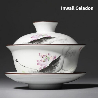 Matinė balta keramika Gaiwan, arbatos puodelis, kiniškas Kung Fu arbatos rinkinys porcelianinis arbatos puodelis, dubuo, lėkštė su lėkšte, elegantiški arbatos indai