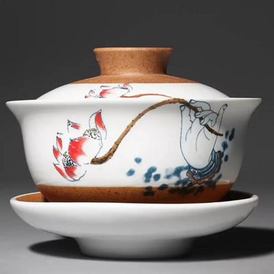 Matinė balta keramika Gaiwan, arbatos puodelis, kiniškas Kung Fu arbatos rinkinys porcelianinis arbatos puodelis, dubuo, lėkštė su lėkšte, elegantiški arbatos indai