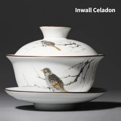 Matinė balta keramika Gaiwan, arbatos puodelis, kiniškas Kung Fu arbatos rinkinys porcelianinis arbatos puodelis, dubuo, lėkštė su lėkšte, elegantiški arbatos indai