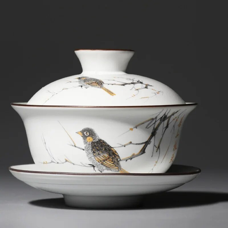 Matinė balta keramika Gaiwan, arbatos puodelis, kiniškas Kung Fu arbatos rinkinys porcelianinis arbatos puodelis, dubuo, lėkštė su lėkšte, elegantiški arbatos indai