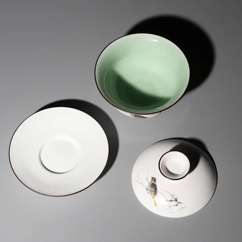 Matinė balta keramika Gaiwan, arbatos puodelis, kiniškas Kung Fu arbatos rinkinys porcelianinis arbatos puodelis, dubuo, lėkštė su lėkšte, elegantiški arbatos indai