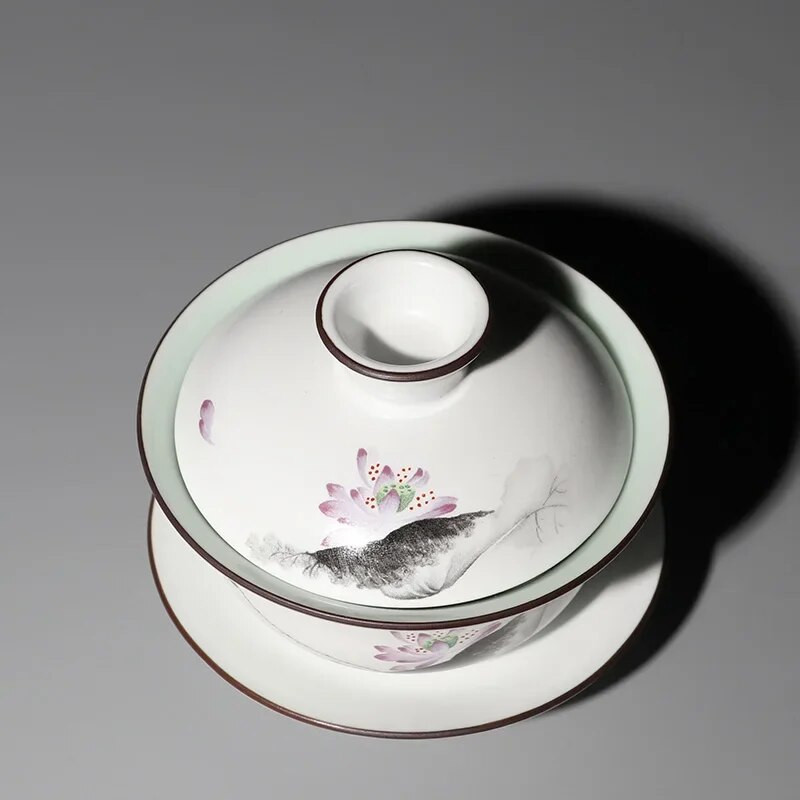 Matinė balta keramika Gaiwan, arbatos puodelis, kiniškas Kung Fu arbatos rinkinys porcelianinis arbatos puodelis, dubuo, lėkštė su lėkšte, elegantiški arbatos indai