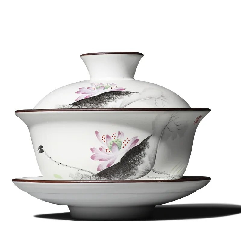 Matinė balta keramika Gaiwan, arbatos puodelis, kiniškas Kung Fu arbatos rinkinys porcelianinis arbatos puodelis, dubuo, lėkštė su lėkšte, elegantiški arbatos indai
