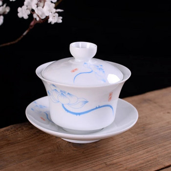 Ζωγραφισμένο στο χέρι μπλε και άσπρο πορσελάνινο gaiwan Tea tureen κινέζικο κεραμικό σετ μπολ τσαγιού καλυμμένο μπολ με πιατάκι με καπάκι