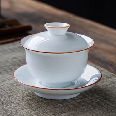 Boutique Čajna posuda od bijelog porculana od ovčjeg sala, kineska keramička zdjela s poklopcem, kuhanje čaja, gaiwan, darovi za kung fu set za čaj