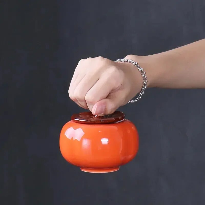 Keramički lonac za čaj od kakija s brtvom poklopca Posuda za dnevni boravak Pepeljara protiv letećeg pepela 7,5*9,2 cm Dekoracija čajnog stola za radnu sobu Staklenka za slatkiše 1 kom