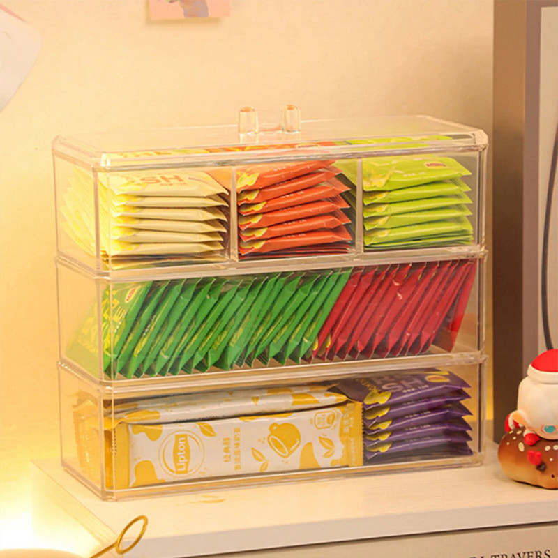 1 kom 3 ćelije Akrilni organizator za vrećice čaja Držač za vrećice čaja s prozirnim gornjim poklopcem za držače vrećica Kutija za pohranu paketića šećera za kavu