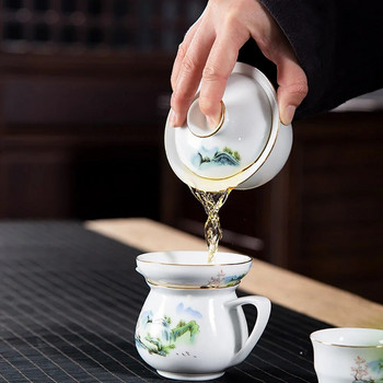 Керамична чаша за чай Gaiwan, ръчно изработена супница за чай, купа, китайски, синьо и бяло, порцеланова посуда за чай, аксесоари, съдове за пиене