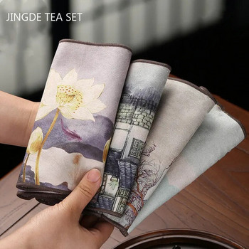 Рисувана кърпа за чай Lotus Zen Изискан сервиз за чай Абсорбираща кърпа Удебелена плюшена кърпа Чаена маса Парцал за почистване Подложка за чайник Аксесоари