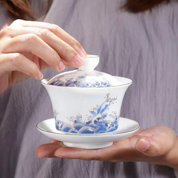 180 мл бял порцелан, ръчно рисувана златна супница за чай Jingdezhen Gaiwan, японска чаша Te, тибетска купа, супа с капак Чаши за чай, китайски