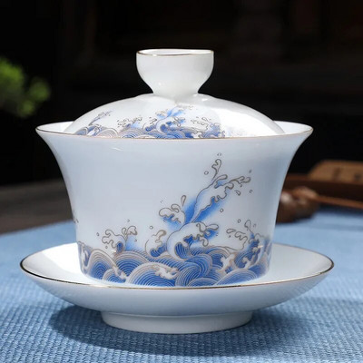 180 ml porțelan alb pictat manual pavot de ceai auriu Jingdezhen Gaiwan ceașcă japoneză Te cu ciorbă tibetană cu capac cești de ceai chinezești