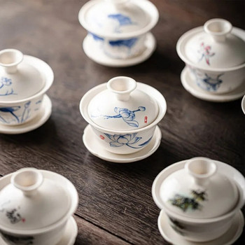 Бял порцеланов керамичен гайван, чаша за чай, подарък сервиз за чай Kung Fu, капак за керамична купа, синьо-бял капак, специална оферта