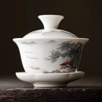 Бял порцеланов керамичен гайван, чаша за чай, подарък сервиз за чай Kung Fu, капак за керамична купа, синьо-бял капак, специална оферта