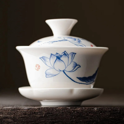 Bijeli porculanski keramički Gaiwan, šalica za čaj, poklon Kung Fu set za čaj, poklopac od keramičke zdjele, plavo-bijeli poklopac, posebna ponuda