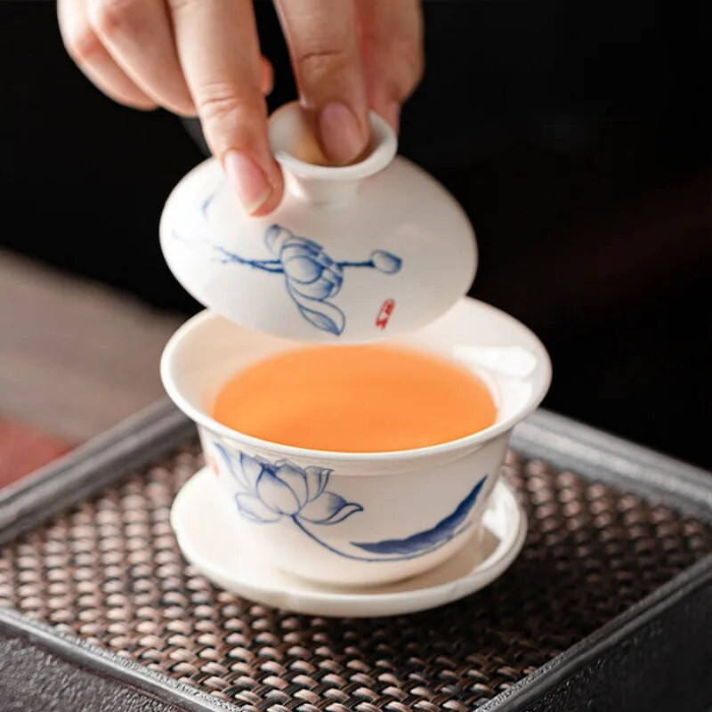 Bijeli porculanski keramički Gaiwan, šalica za čaj, poklon Kung Fu set za čaj, poklopac od keramičke zdjele, plavo-bijeli poklopac, posebna ponuda