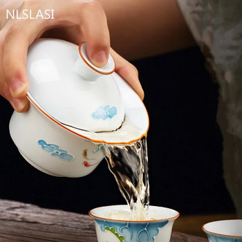 Ръчно изработена релефна шарка Керамична чаша за чай Gaiwan Преносима купа за чай за пътуване Домашна порцеланова посуда за чай Аксесоари Съдове за напитки Лична чаша
