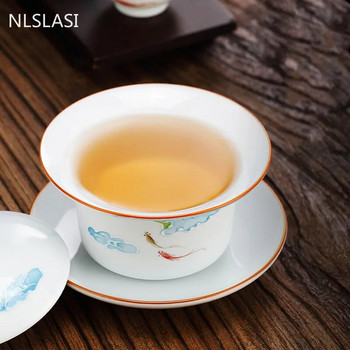 Ръчно изработена релефна шарка Керамична чаша за чай Gaiwan Преносима купа за чай за пътуване Домашна порцеланова посуда за чай Аксесоари Съдове за напитки Лична чаша