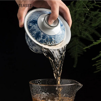 160 ml китайска синя и бяла порцеланова чаена чаша Gaiwan за пътуване, преносима супница за чай, ръчно изработена керамична купа за чай, домашен сервиз за чай, сервиз за чай