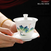 Išskirtinis rankomis dažytas balto porceliano molio Gaiwan japoniškas puodelis sveikos keraminės arbatos rinkinio sriuba su dangteliu dubuo Lotoso rankų piešinys