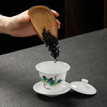 Изящна ръчно рисувана бяла порцеланова глина Gaiwan Японска чаша Te Здравословен керамичен сервиз за чай Супа с капак Купа Ръчна рисунка на лотос