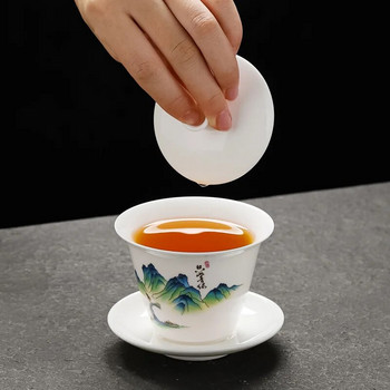 Εξαιρετική ζωγραφισμένη στο χέρι Λευκός Πηλός Πορσελάνης Gaiwan Ιαπωνικό Te Cup Υγιεινή κεραμική σούπα σετ τσαγιού με καπάκι Σχέδιο χεριών Lotus