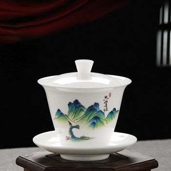 Изящна ръчно рисувана бяла порцеланова глина Gaiwan Японска чаша Te Здравословен керамичен сервиз за чай Супа с капак Купа Ръчна рисунка на лотос
